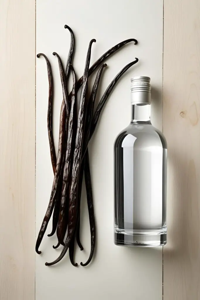 A flat lay showing the two ingredients for making vanilla extract: a bundle of vanilla beans and a bottle of vodka.