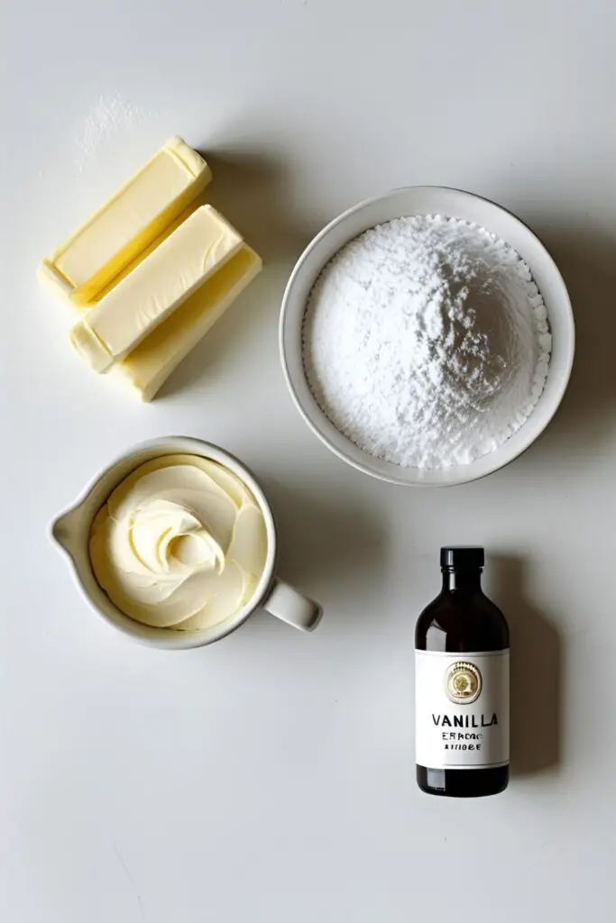 The simple ingredients for making homemade vanilla frosting from scratch, including butter, powdered sugar, cream, and vanilla.