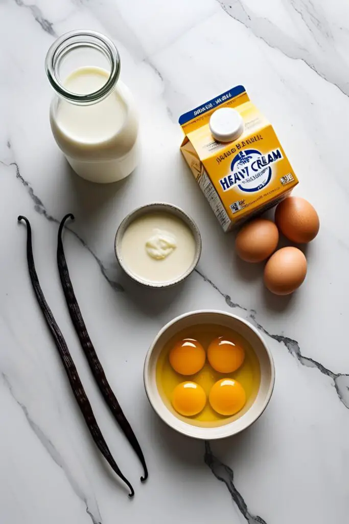 A flat lay of the ingredients for making French-style vanilla ice cream, including cream, milk, egg yolks, and a vanilla bean.