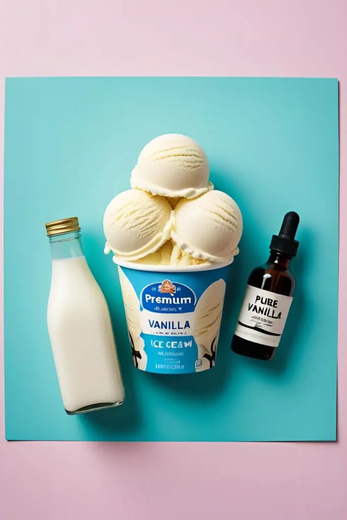 The three simple ingredients for making a classic vanilla milkshake: a pint of vanilla ice cream, milk, and vanilla extract.
