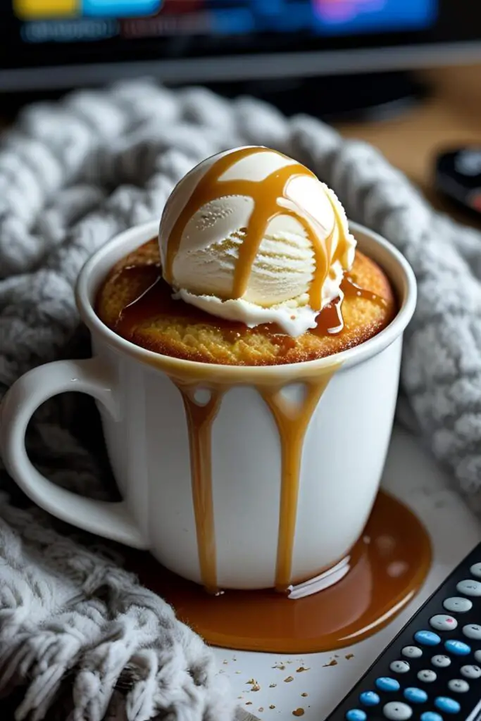 A vanilla mug cake topped with a melting scoop of vanilla ice cream and caramel sauce, ready to be eaten.