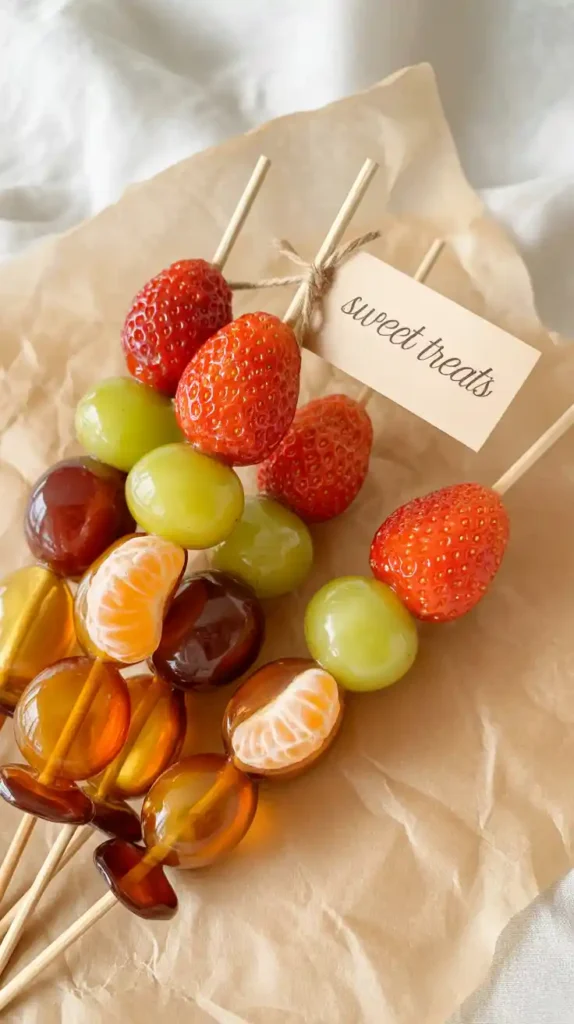 A variety of colorful fruit tanghulu, including strawberry, grape, and orange, displayed beautifully on parchment paper.