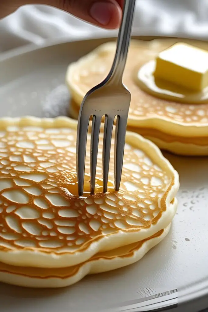 A macro close-up shot revealing the light, airy, and fluffy texture of a Japanese soufflé pancake.