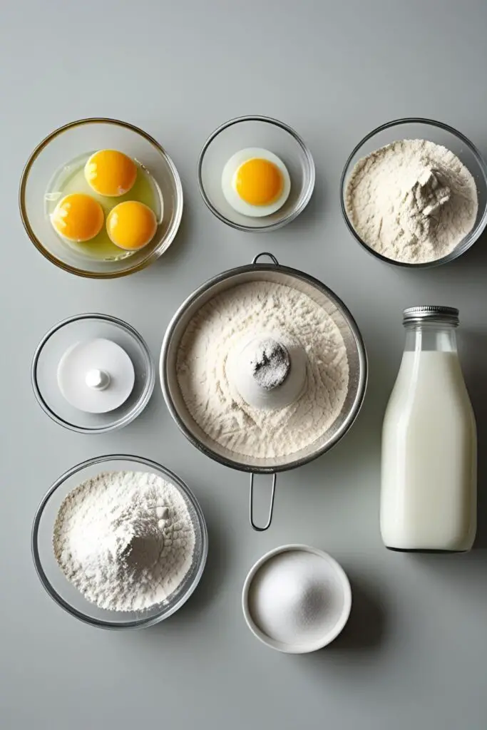 Artfully arranged ingredients for Japanese soufflé pancakes, including cake flour, separated eggs, and cream of tartar.

