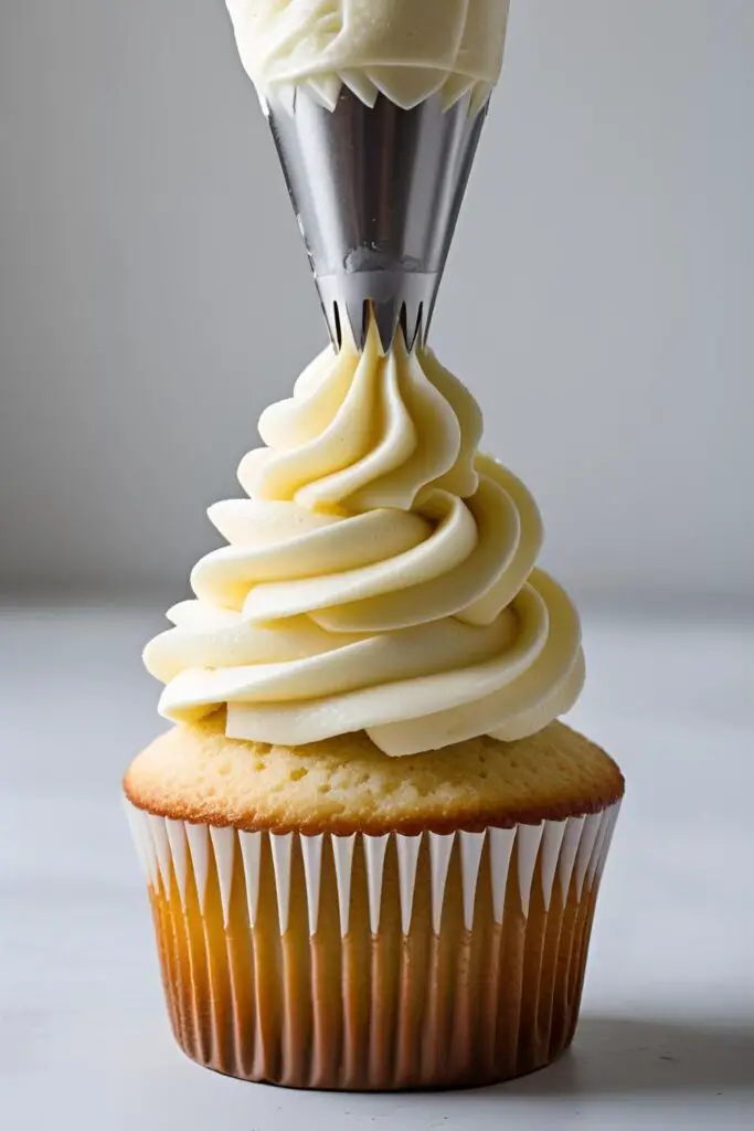 A perfect swirl of homemade vanilla frosting being piped onto a cupcake with a piping bag and star tip.